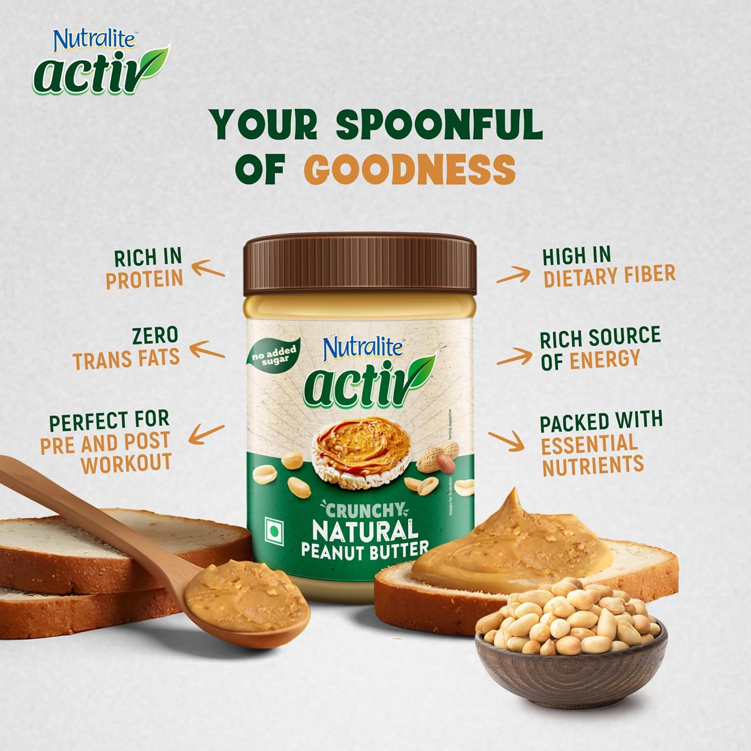 Nutralite Activ Peanut Butter Natural Crunchy | 26g Protein per 100g - Image 2